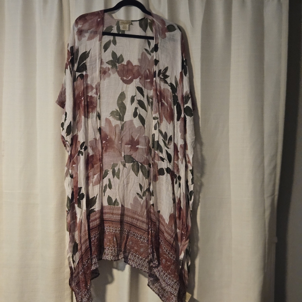 Nalini Floral Kimono Cottagecore Boho Linen Rayon Pink Green  roses OS